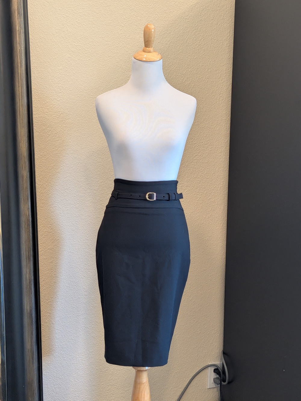 Express Petite 00 Black High Waist Belted Pencil Skirt